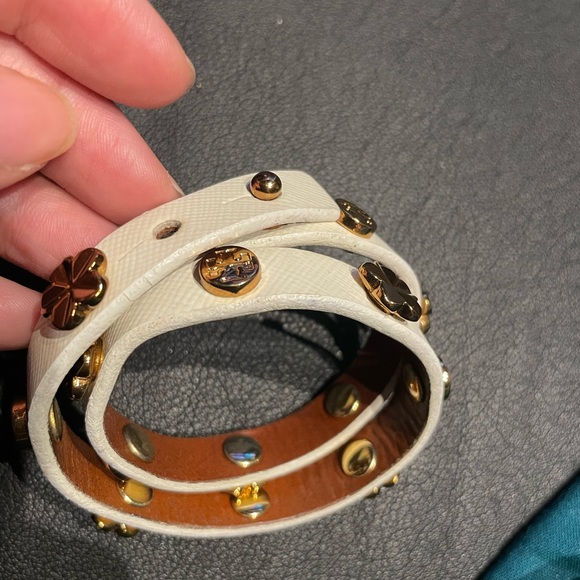 Double Banded Layer Wrap Leather Logo Stud Bracelet Gold Grommet Rivet Hardware - Picture 2 of 12